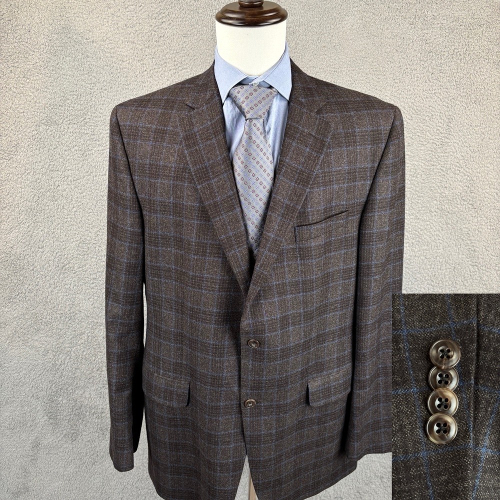 Jack Victor Blazer Mens 44L Brown Blue Windowpane Wool Sport‎ Coat